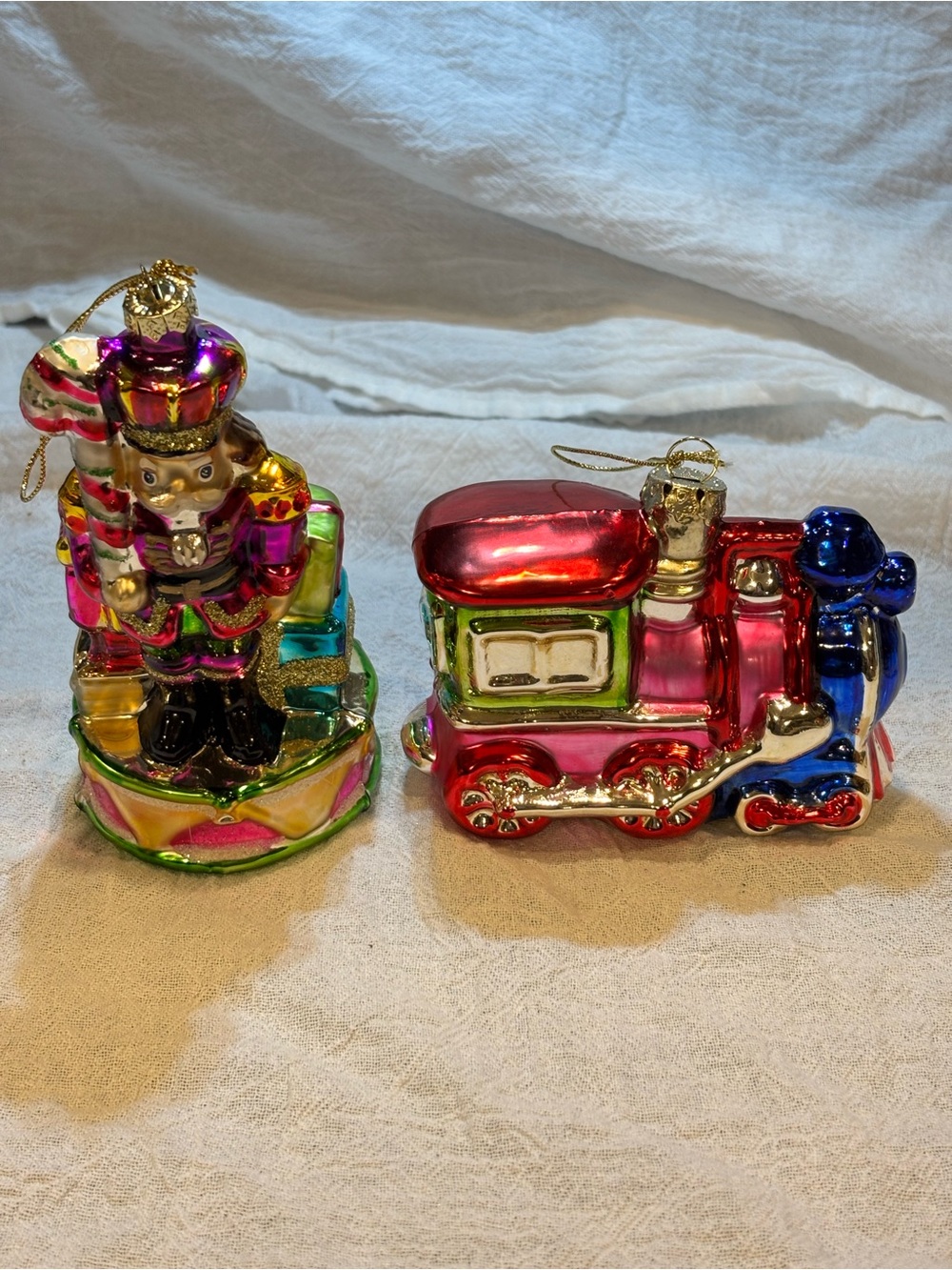 Handblown Glass Nutcracker and Train Holiday Ornaments - Multicolor